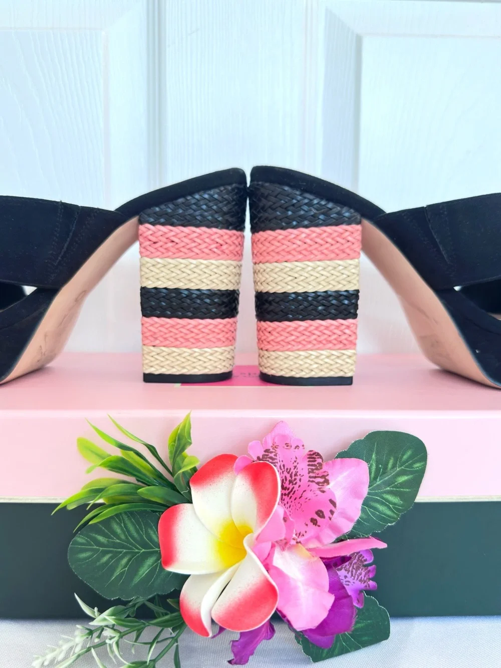 MIX No. 6 ~ Black Suede Platform Mules with Striped Woven Block Heel